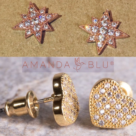 Micro Paved Starburst & Heart Stud Earrings Set - Picture 1 of 4